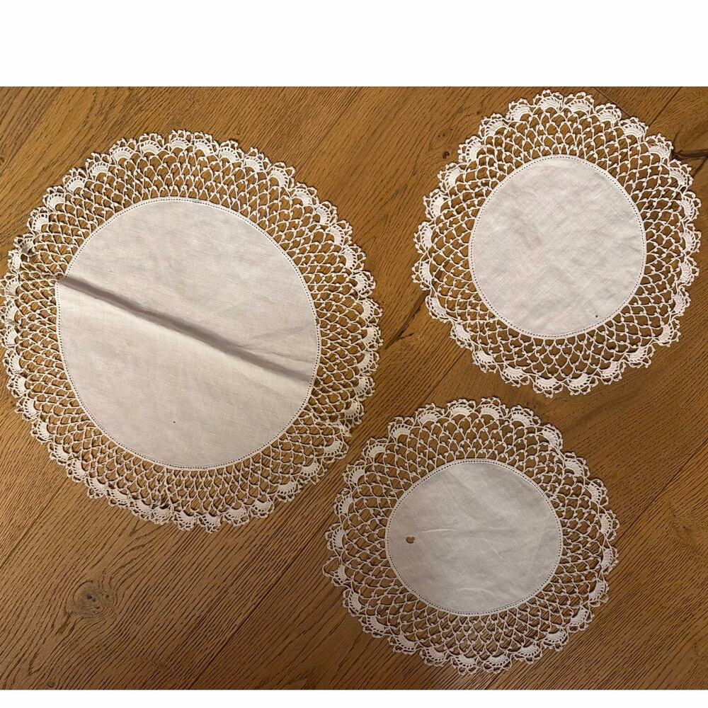 Set of 3 Vintage Hand-Crocheted White Doilies Linen Center Intricate Lacework